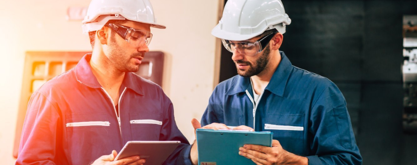 2 funcionários com jaqueta azul, capacete epi branco, óculos de proteção manuseando aparelho retangular 1 na cor cinza e outro azul