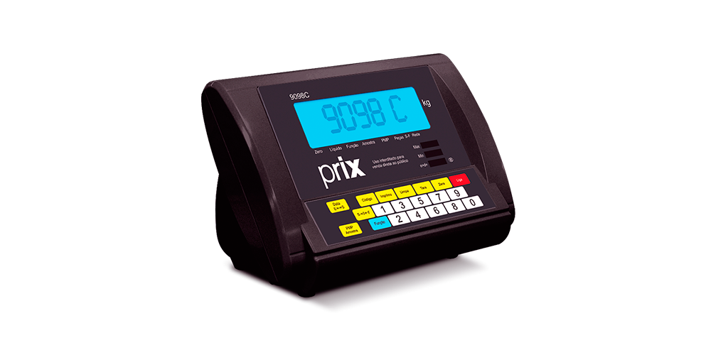 Indicador digital 9098C possui caixa preta retangular, teclado numérico, display de cristal liquído e backlight azul