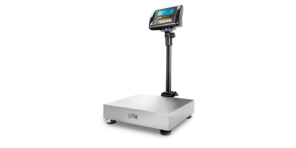 Balança com base quadrada em aço, coluna e indicador digital 9098C, que possui gabinete em plástico ABS preto e teclado numérico