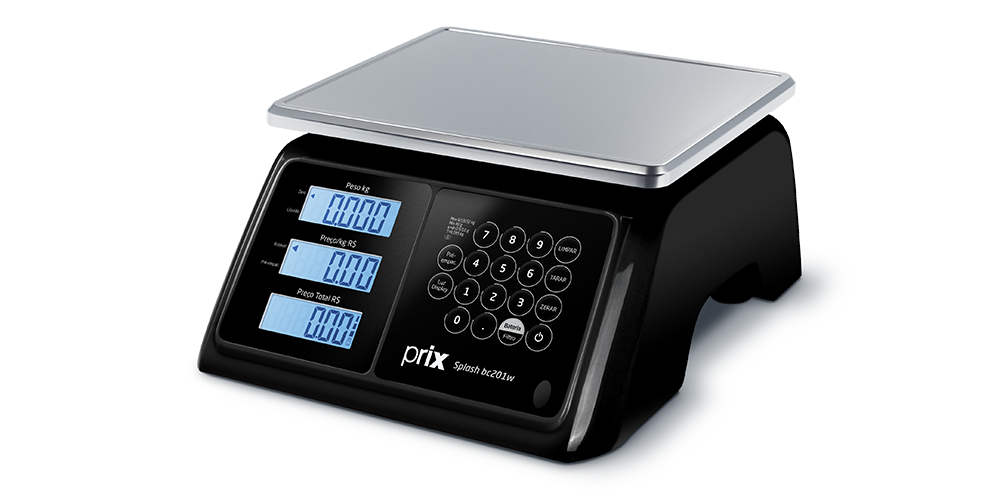 Prix Splash BP201W, na visão traseira, com base preta em plástico, prato em aço inox, visor numérico de fundo azul e teclado preto.