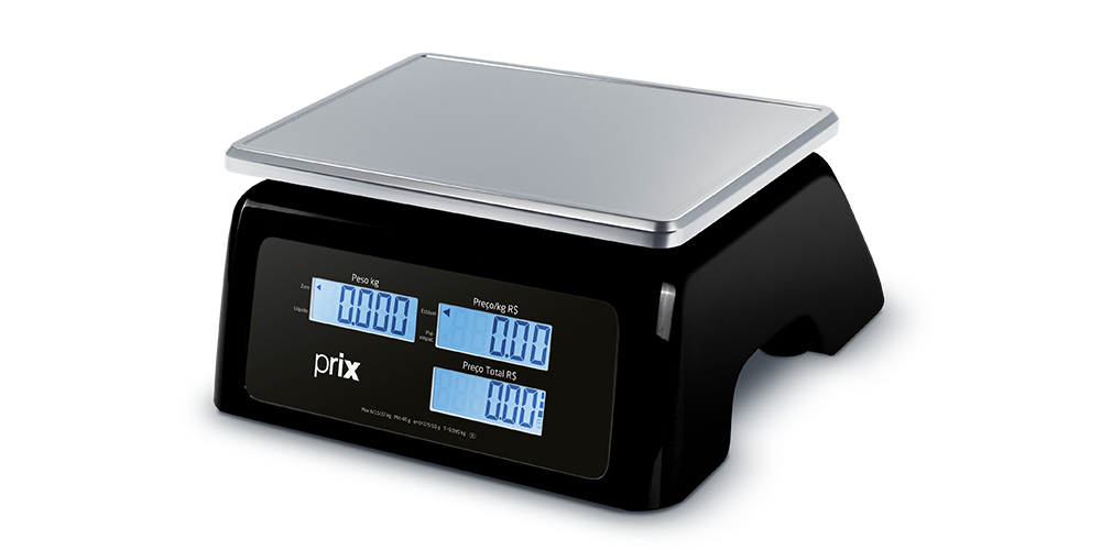 Prix Splash BP201W, na visão traseira, com base preta em plástico, prato em aço inox e visor numérico de fundo azul