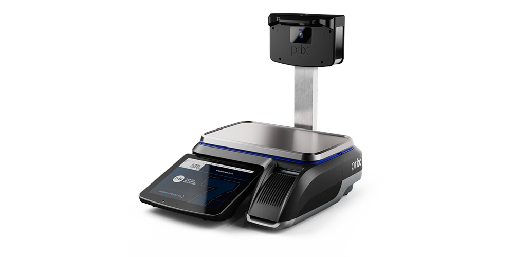 Balança Prix 7T na cor preta, display LCD Touchscreen, saída de etiqueta frontal e coluna com câmera de reconhecimento