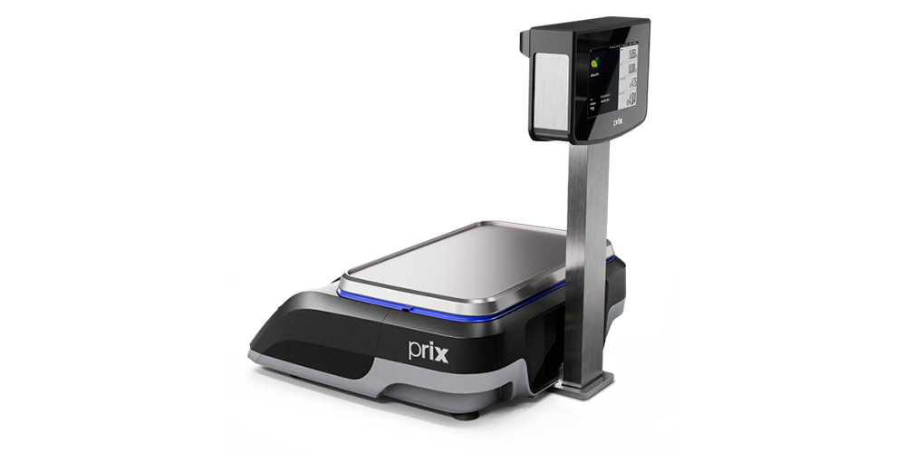Balança Prix 7T na cor preta, display LCD Touchscreen, saída de etiqueta frontal e coluna com câmera de reconhecimento