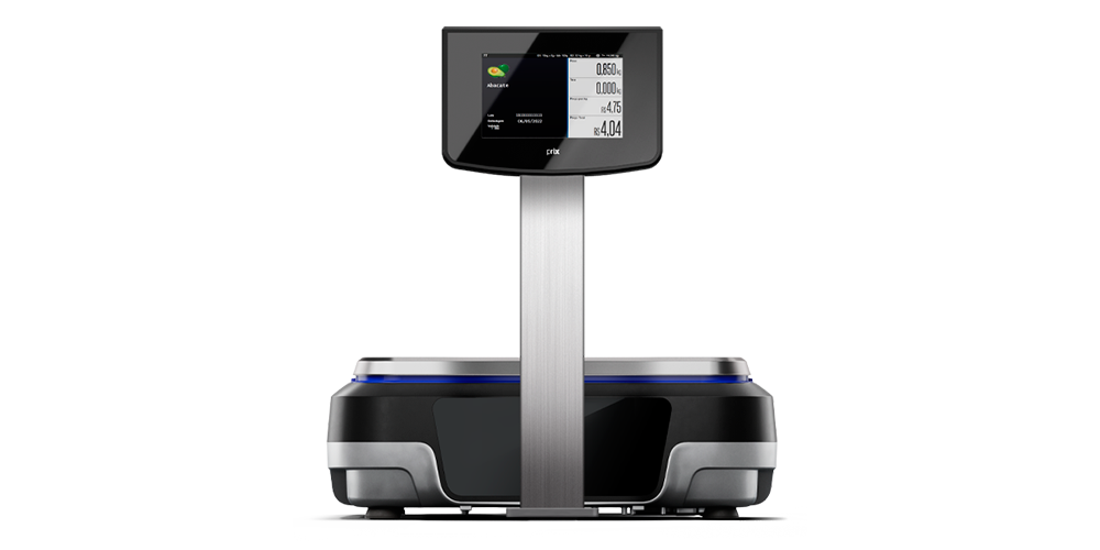 Balança Prix 7T na cor preta, display LCD Touchscreen, saída de etiqueta frontal e coluna com câmera de reconhecimento