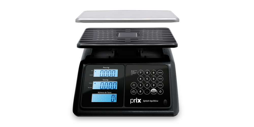 Balança Prix Splash bp201w com base preta em plástico, prato em inox suspenso da base, visor numérico de fundo azul e teclado preto