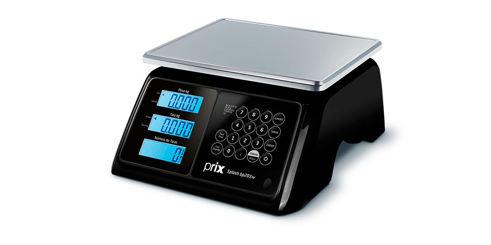 Balança Prix Splash bp201w na visão frontal, com base preta em plástico, prato em inox, visor numérico de fundo azul e teclado preto