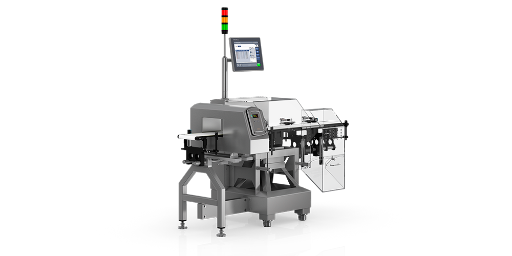 Checkweigher automática de alta performance HC-A: em Inox, 1 caixa de rejeito, esteira, tela LCD e luzes de status.