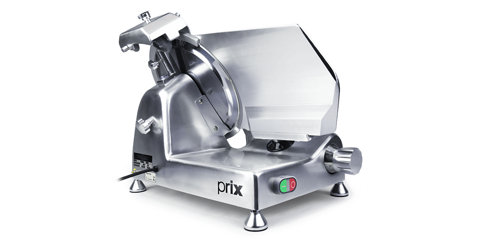 Prix Agile 300S é um fatiador de frios em alumínio anodizado, com afiador de lâmina de corte integrado e botões na lateral