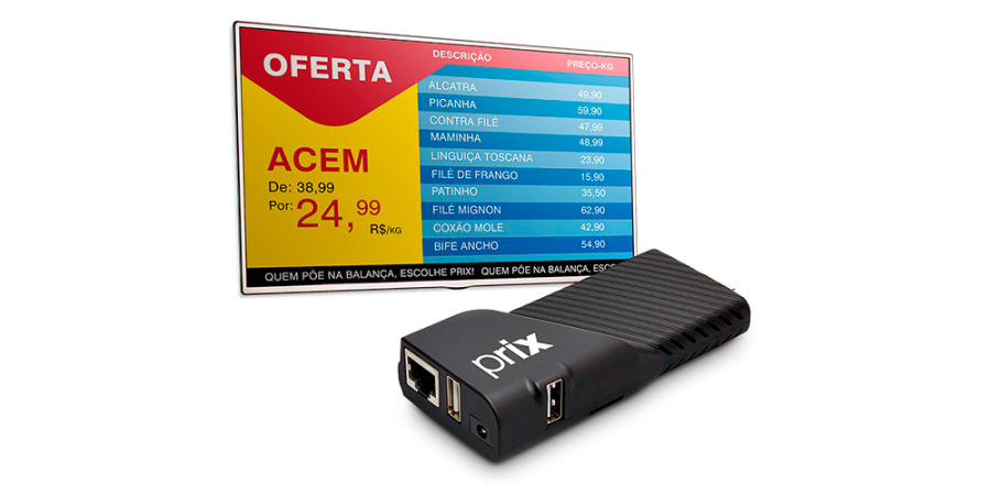 Pantalla digital mostrando tabla de precios y ofertas de carnicería gestionada por el MIT 7.