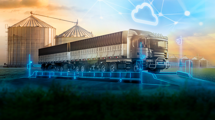 Caminhão em balança rodoviária moderna com elementos gráficos de conectividade em nuvem e IoT.