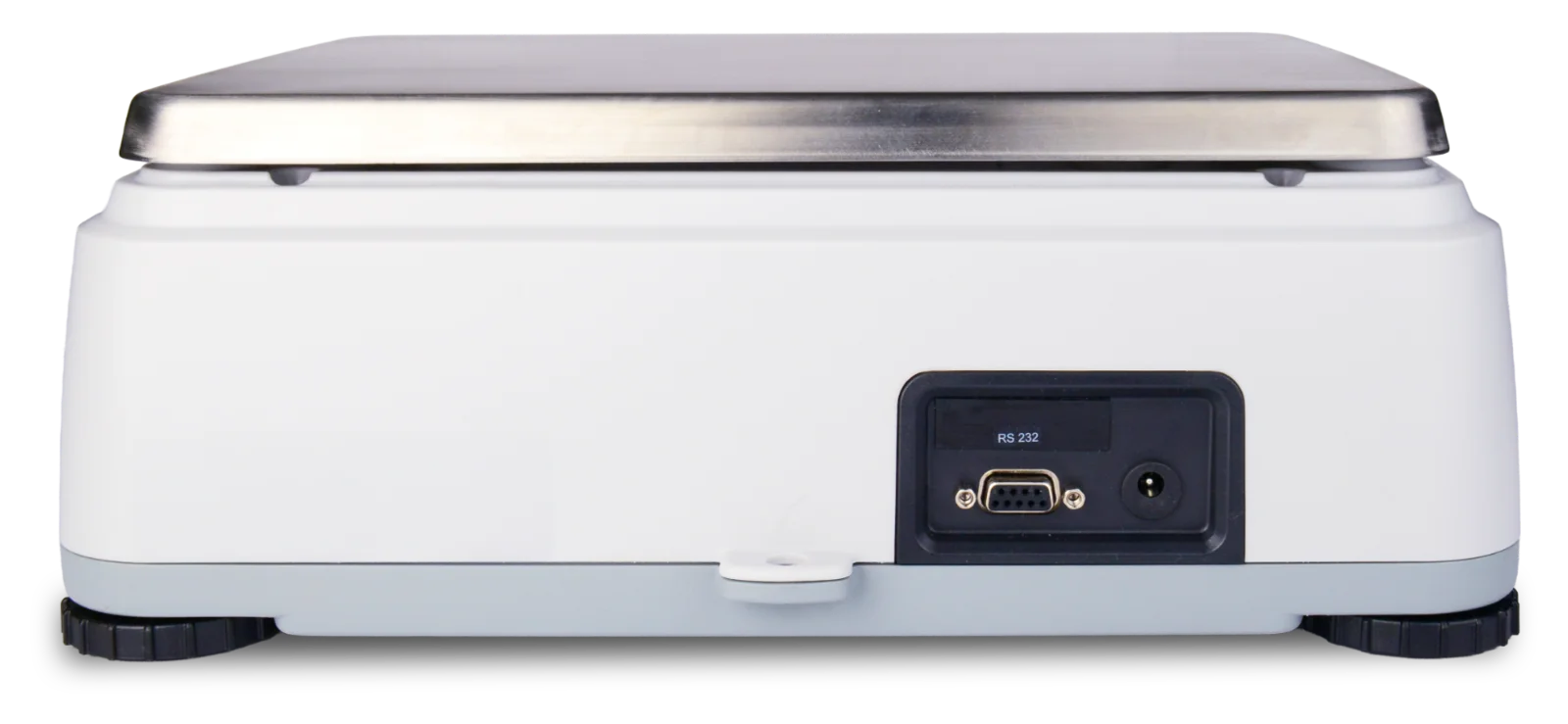 Vista traseira da balança Prix Lab LT de alta capacidade com plug de alimentação e interface de comunicação