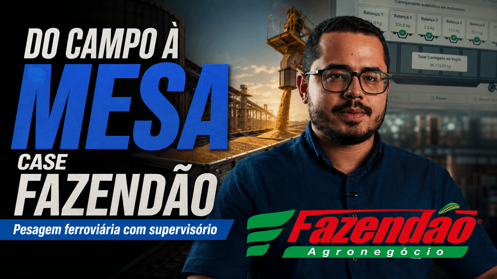 Thumbnail do Case Fazendão sobre pesagem ferroviária de grãos com supervisório, mostrando operação agroindustrial, carregamento de vagões e representante da Fazendão.