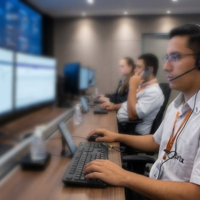 Analista de suporte técnico da central Prix, usando headset e operando dashboards de monitoramento de SLA e status de equipamentos.
