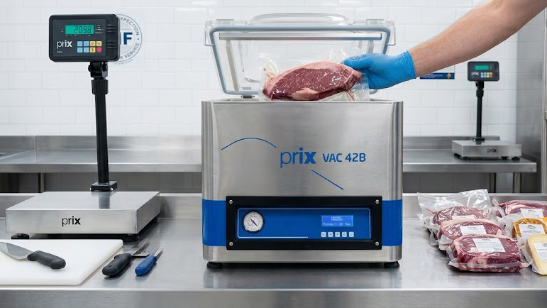 Seladora a vácuo Prix Vac 42B e balança industrial Toledo do Brasil sobre bancada de aço inox em uma cozinha profissional, com operador embalando carne a vácuo.