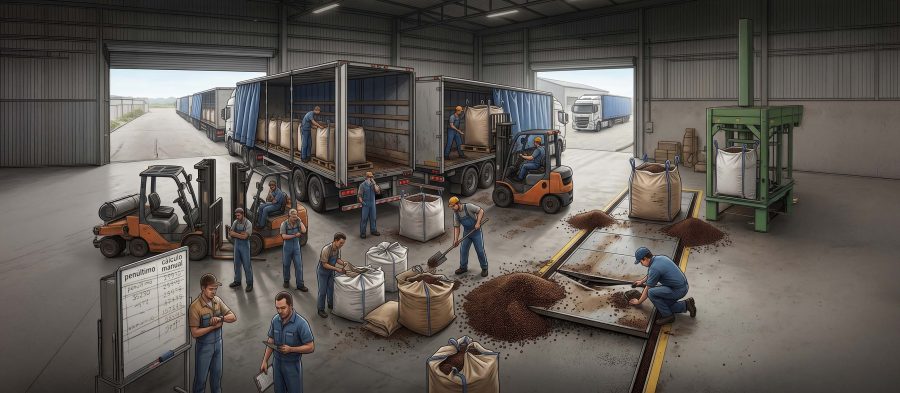 Operadores acompanham o enchimento de big bag de café no sistema Tolbag Suspenso