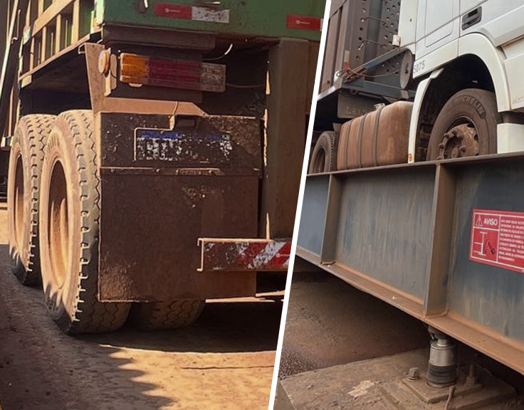 Caminhões posicionados em balanças rodoviárias de concreto e metálica.