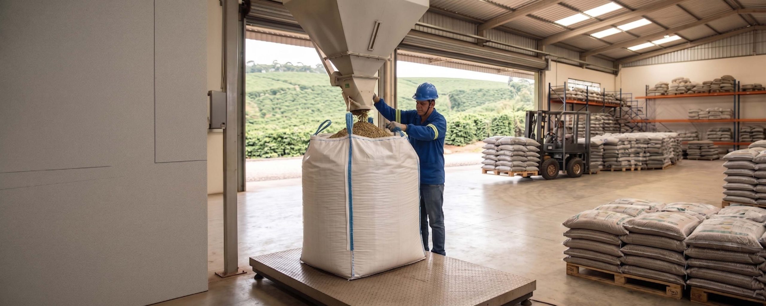 Sistema TOLBAG suspenso instalado em armazém de café com big bags ao fundo